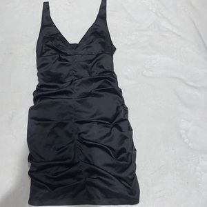 Satin Rushed Black Mini Dress
